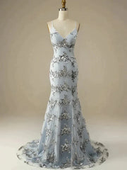 V Neck Mermaid Silver Gray Appliques Prom Dress