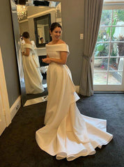 Satin Ruffles Train A Line Off The Shoulder Wedding Dress