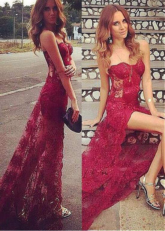 Lace Strapless Sheath Evening Dresses