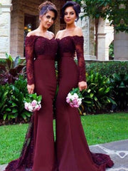 Mermaid Burgundy  Long Sleeves Satin Bridesmaid Dress
