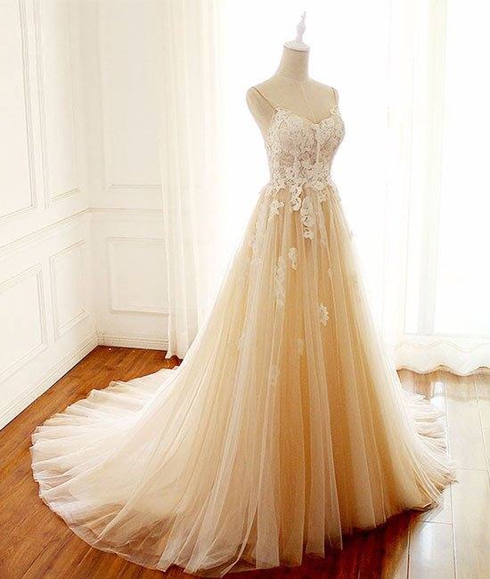 Champagne v neck tulle lace long prom dress, champagne tulle evening dress - RongMoon