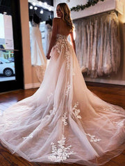 Champagne Lace Appliques Backless Romantic Wedding Dress