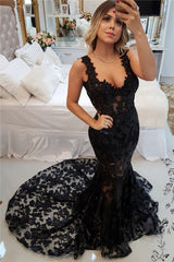 Straps Mermaid Sweep Train Black Prom Formal Dress
