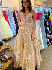 Champagne Halter Appliques Tulle Lace Up Prom Dress