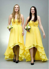 Yellow Hi-lo A-line Bridesmaid Dresses With Handmade Flowers