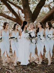 Simple V-neck Spaghetti Strap Side Slit Short Bridesmaid Dresses.DB10040