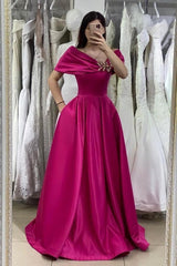 Fuchsia Off The Shoulder Satin Long Sexy Prom Formal Dress With Pocket