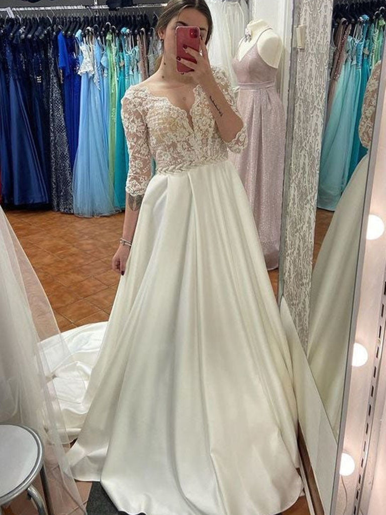 3/4 Length Sleeve V Neck Satin Wedding Dress