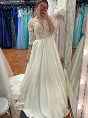 3/4 Length Sleeve V Neck Satin Wedding Dress