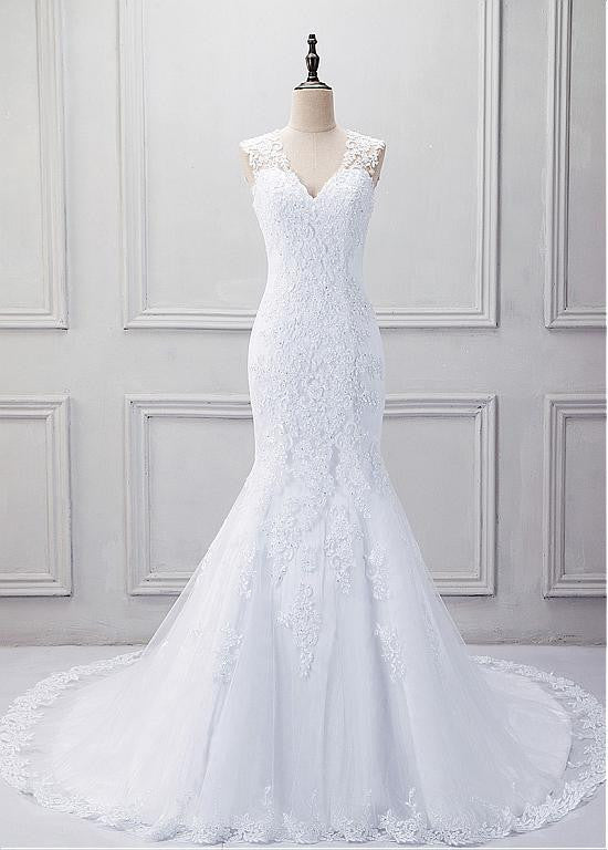 Fabulous Tulle V-neck Neckline Mermaid Wedding Dress With Beaded Lace Appliques
