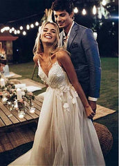 Sexy Beach Tulle Spaghetti Straps 3D Flowers A-line Wedding Dress
