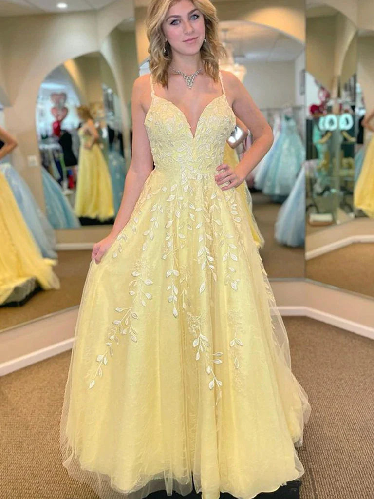 Lace Up Backless Appliques Yellow Lace Prom Dress