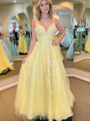 Lace Up Backless Appliques Yellow Lace Prom Dress