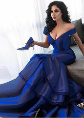 Blue Satin & Organza Off-the-shoulder Long Mermaid Evening Dress