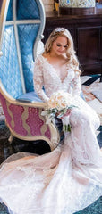 Vintage Lace Long Sleeve See Through Back Nude Mermaid Wedding Dresses, WD0173
