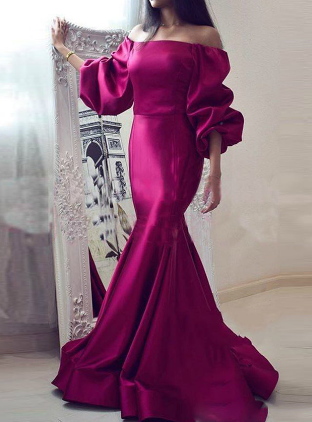 Mermaid Satin Fuchsia Off the Shoulder Puff Sleeve Prom Dress