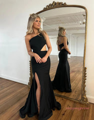 Orange Jersey Mermaid One Shoulder Prom Dress With Split