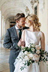 A Line Tulle Ruffles Round Neck Satin Top Wedding Dress