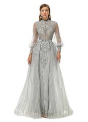 Gray Long Sleeves High Neck A Line Detachable Train Prom Formal Dress