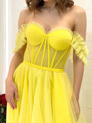 Off Shoulder Yellow Tulle Sheer A Line Layers Prom Dress