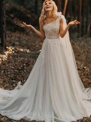 Tulle Flowers One Shoulder Appliques Wedding Dress