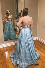 Blue Cross Back A Line Two Piece Sequin Halter Prom Dress