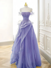 Off Shoulder Tulle Ruffles Purple Appliques Prom Dress