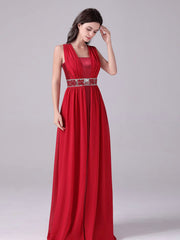 Red Long Boat Neck Satin & Chiffon A Line Beading Prom Dress