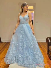 Lace A Line Long V Neck Light Blue Prom Dress