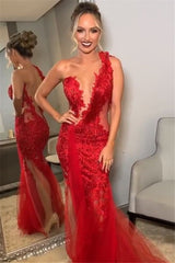 Backless One Shoulder Trumpet Mermaid Lace Prom Dress