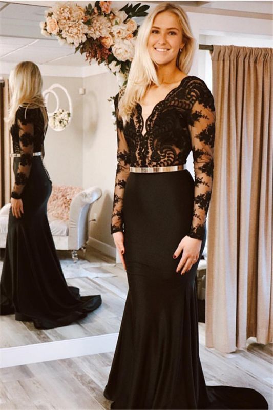 Black Trumpet Mermaid Long Sleeves Prom Dress