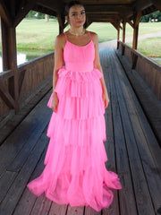 Hot Pink Ruffles Tulle A Line Prom Dress