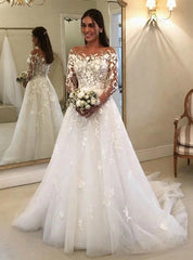 Tulle Long Sleeve Appliques A-Line White Wedding Dress