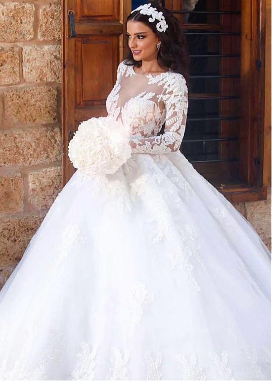 Lace Appliques Tulle Bateau Long Sleeve Ball Gown Wedding Dress