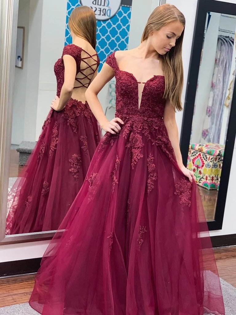 Off The Shoulder Burgundy Lace Open Back Prom Dress