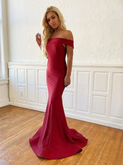 Off The Shoulder Satin Simple Mermaid Burgundy Prom Dress