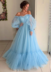 Tulle Off-the-shoulder Blue A-line Prom Dresses With Lace Appliques