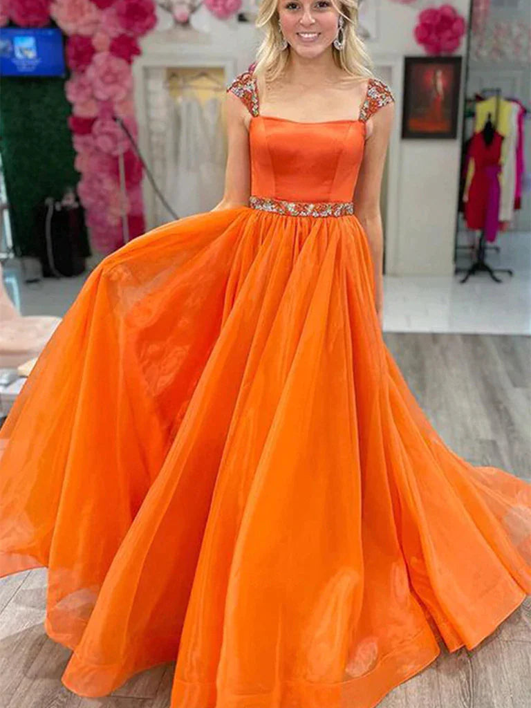 Cap Sleeves Beading Orange Tulle Prom Dress With Belt