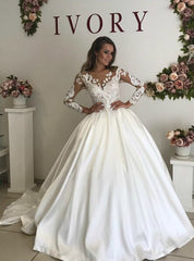 White Ball Gown Satin Long Sleeve Appliques Wedding Dress With Train