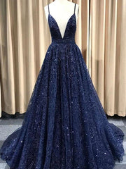 Navy Blue/Burgundy/Champagne Shiny A Line V Neck Prom Dresses