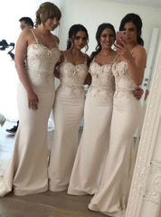 Appliques Champagne Satin Spaghetti Straps Mermaid Bridesmaid Dress