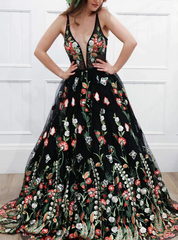Deep V-neck A-Line Black V-neck Backless Embroidery Flower Prom Dress