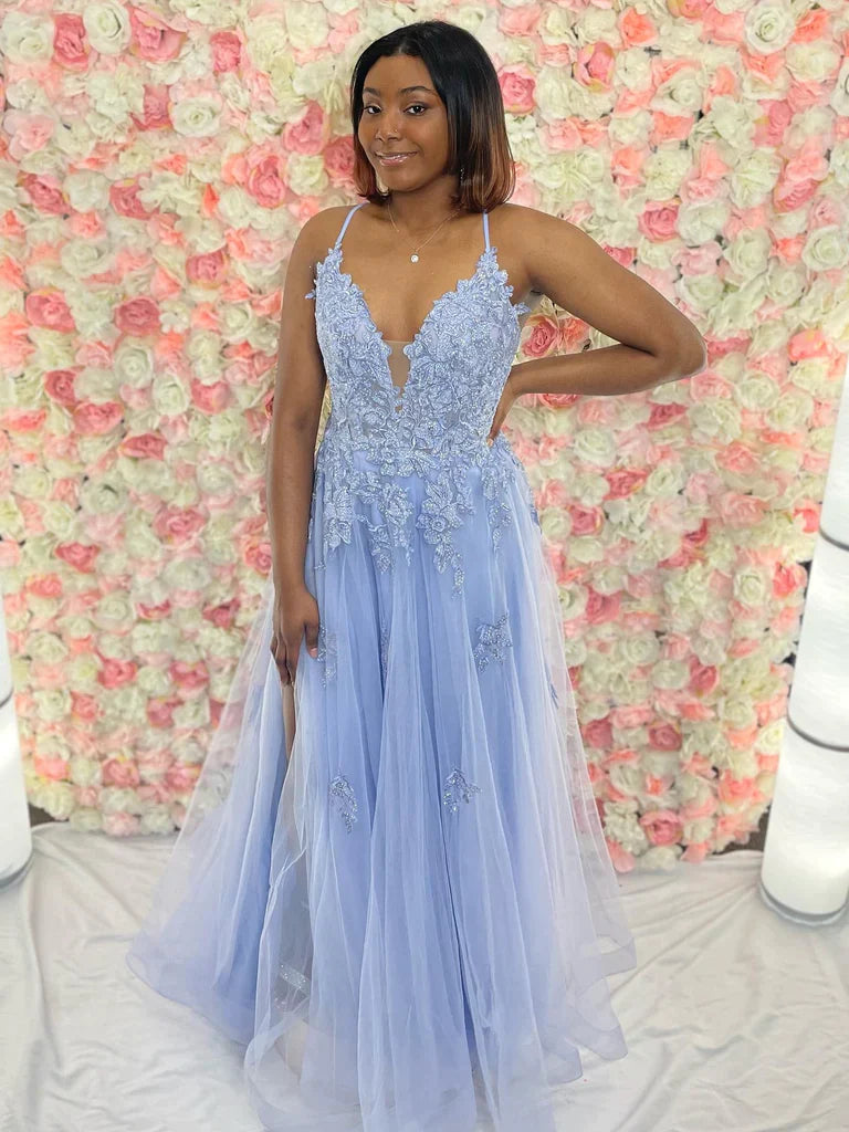 Tulle Open Back Blue Lace Long Appliques Prom Dress