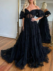 Off Shoulder Black Lace Short Sleeve Prom Dress
