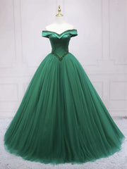 Off Shoulder Crystal Tulle Green Long Prom Dress