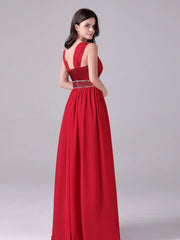 Red Long Boat Neck Satin & Chiffon A Line Beading Prom Dress