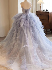 Ball Gown Ruffles Blue Tulle Lace Up Prom Dress
