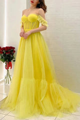 Off Shoulder Yellow Tulle Sheer A Line Layers Prom Dress