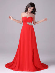 Sweetheart Chiffon Red Beading Pleats Floor Long Bridesmaid Dress