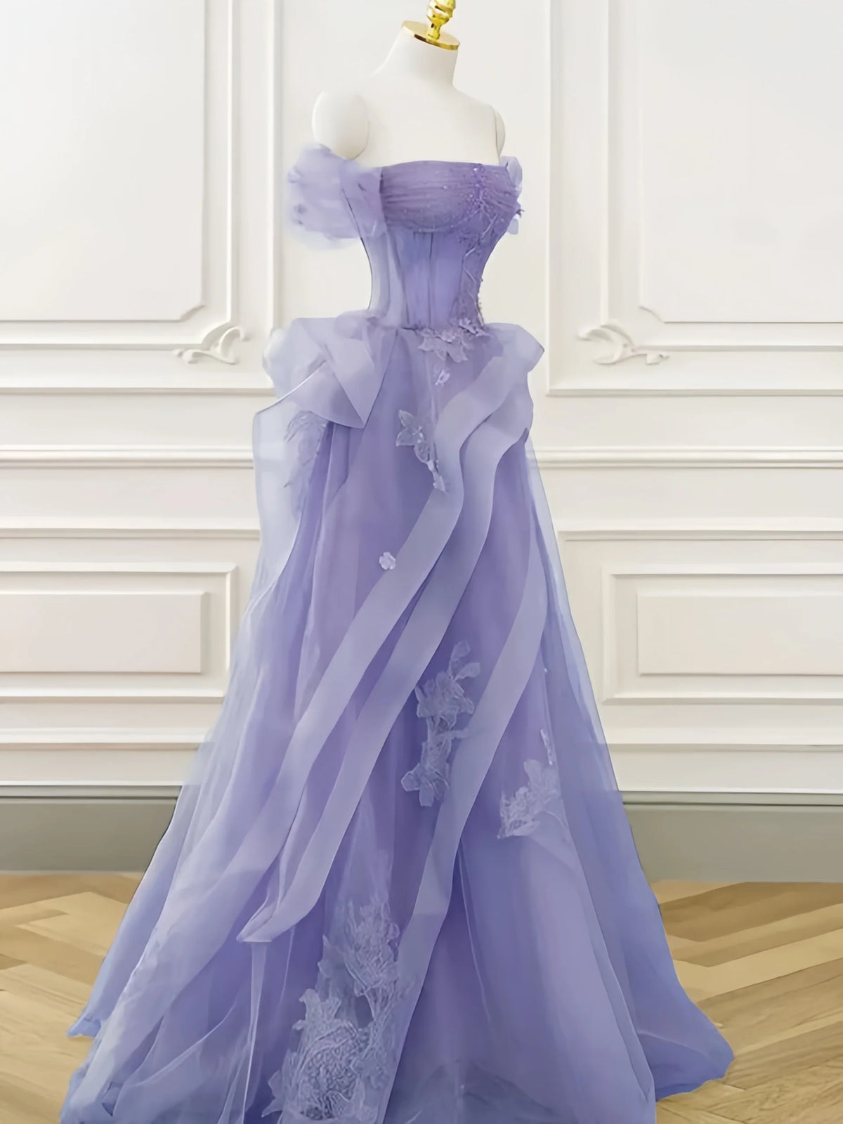 Off Shoulder Tulle Ruffles Purple Appliques Prom Dress
